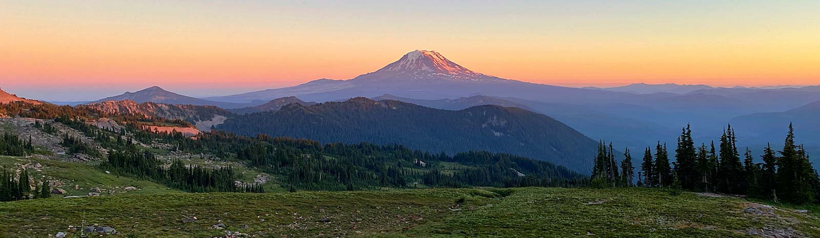 Mountain and tree view at sunset.