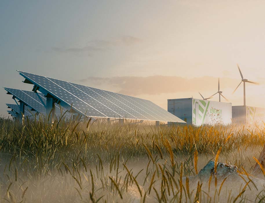 Windmills and solar panels in a field.